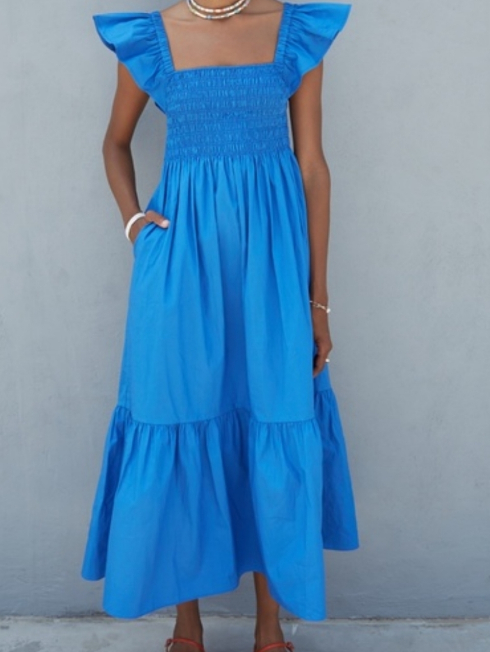 Papermoon  Blue Smocked Square-Neck Maxi Dress with Ruffle Sleeves